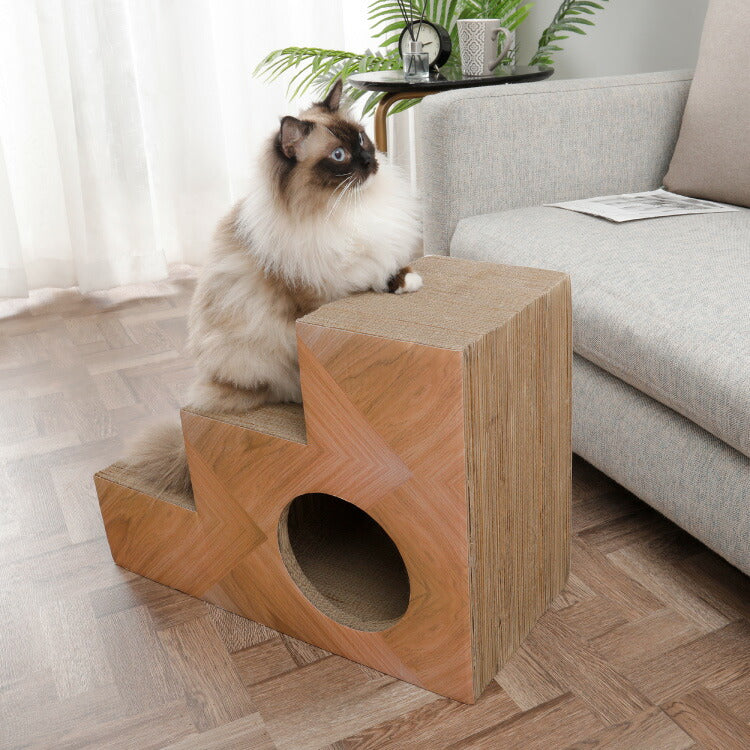 爪とぎ 猫 段ボール 階段型 ペットステップ つめとぎ キャットハウス マタタビ付き 爪とぎハウス 木目調 ナチュラル シンプル おしゃれ インテリア 爪研ぎ ダンボール かわいい ユニーク あそべる