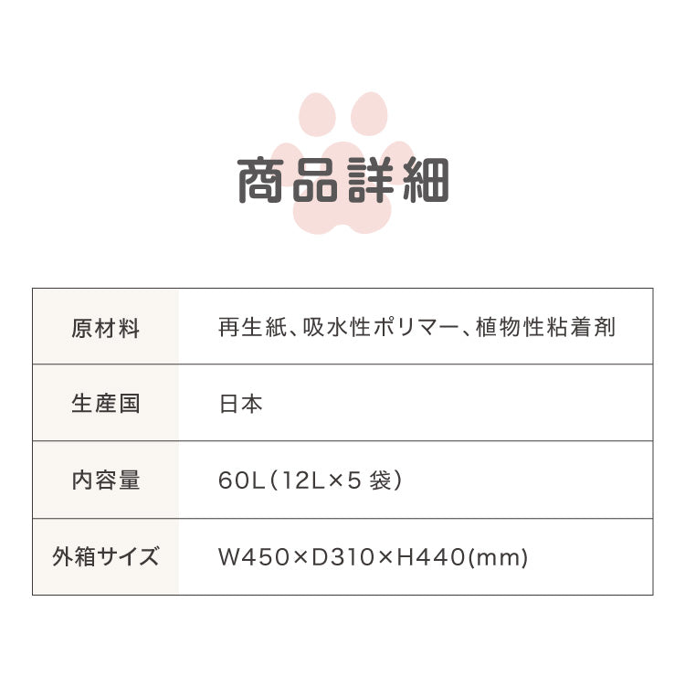 猫砂 紙 紙砂 60L 12L×5袋 日本製 国産 色が変わる 消臭 固まる 流せる トイレに流せる 燃やせる 燃えるゴミ 小さく固まる 青色に変わる 紙の猫砂 猫トイレ 大容量 ケース CL-BL60