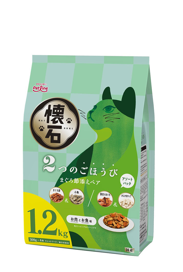 【4個セット】 ペットライン 懐石 2つのごほうび フレーバータイプ 1.2kg x4 4.8kg 4800g 国産 日本製 小分けパック 猫用 猫 キャットフード ドライ