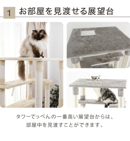 キャットタワー スリム 据え置き 大型猫 ハンモック付き 68×60cm 高さ184cm 省スペース おしゃれ 猫 猫用品 ペット用品 タワー 爪とぎ ハンモック おもちゃ コンパクト ベージュ グレー