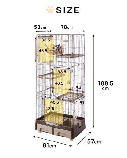 キャットケージ 3段 トイレ付 収納 はしご ドアロック ハンモック キャスター付き 組立 グレー ブラウン ペット用品 猫ケージ ケージ ゲージ ネコ 猫用 大型 ハウス 多頭飼い 脱走防止 留守番 便利
