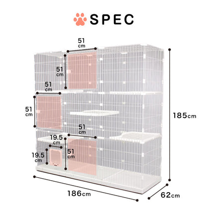 キャットケージ 大型 組み合わせ自由 ホワイト 3段 幅186cm 幅広設計 キャスター付き シンプル おしゃれ キャットゲージ ハウス キャットペットケージ ペットゲージ 保護 多頭飼い 保護 猫 ネコ ねこ