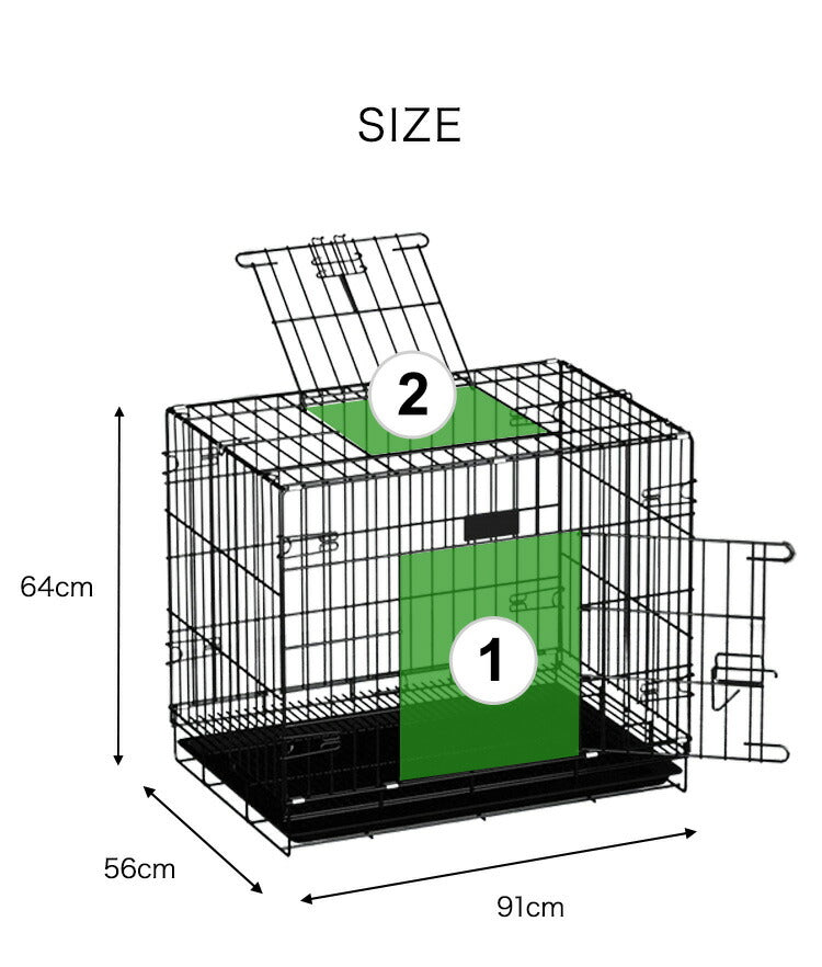 犬 ケージ 屋根付き 折りたたみ 幅91 高さ64cm 天井開閉 ツードア ブラック スチール製 トレイ付き ペットケージ ドックケージ キャットケージ 簡易 小屋 トレー