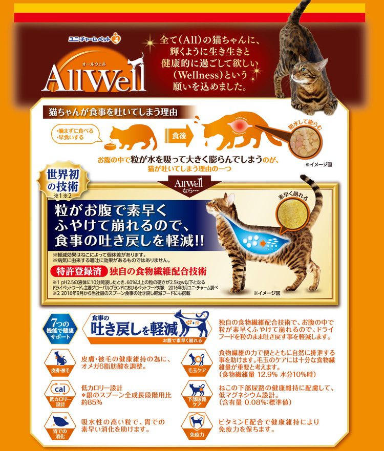 ユニチャーム AllWell 早食いが気になる猫用 チキン味挽き小魚とささみフリーズドライパウダー入り 1.5kg