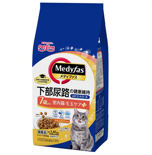 ペットライン メディファス 室内猫 毛玉ケアプラス 7歳から チキン&フィッシュ味 1.41kg (235g×6)