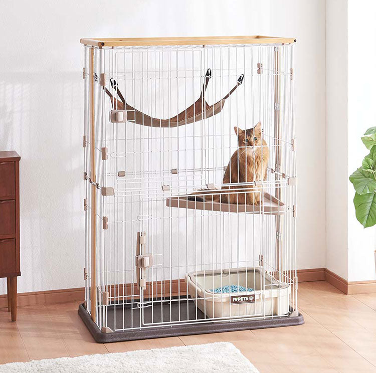 ボンビアルコン 猫用 サークル ケージ ワイドドア ハンモック付 2段 ウッドワンサークルキャット ナチュラル 木目 木目調 ウッド 猫用サークル 猫用ケージ ゲージ ペット用