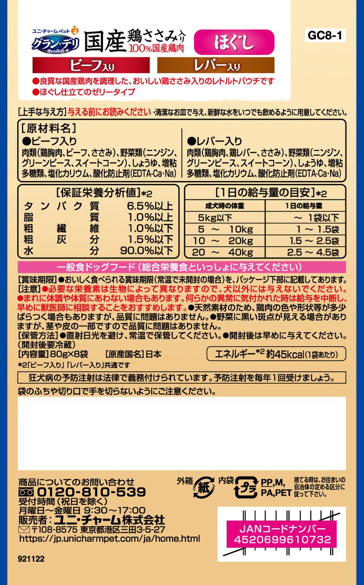 【2個セット】 ユニチャーム グラン・デリ 国産鶏ささみパウチ ほぐし 成犬用8袋パック ビーフ入り&レバー入り 80g×8袋