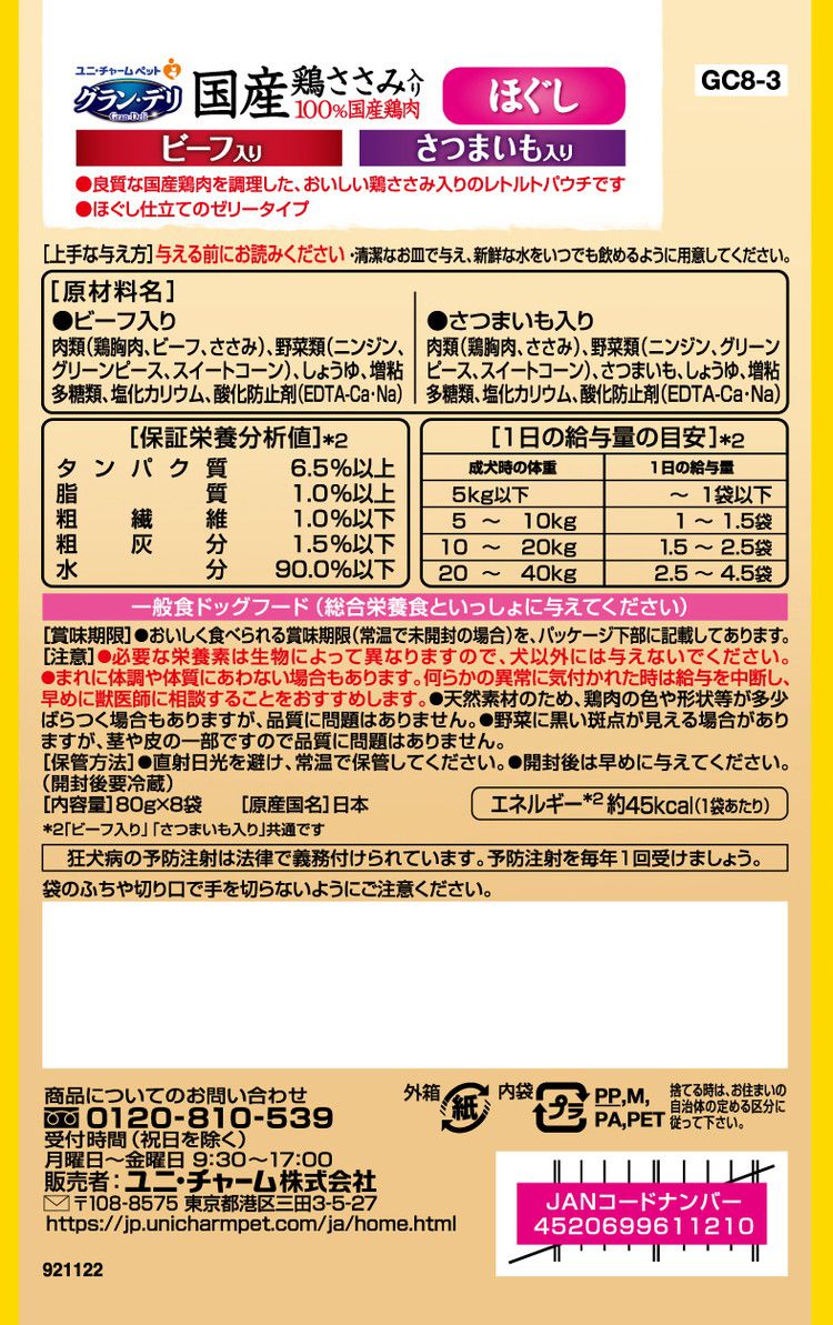 【2個セット】 ユニチャーム グラン・デリ 国産鶏ささみパウチ ほぐし 成犬用 ビーフ入り&さつまいも入り 80g×8袋