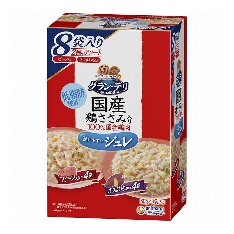 【10個セット】 ユニチャーム グラン・デリ 国産鶏ささみパウチ ジュレ 成犬用8袋パック ビーフ入り&さつまいも入り 80g×8袋