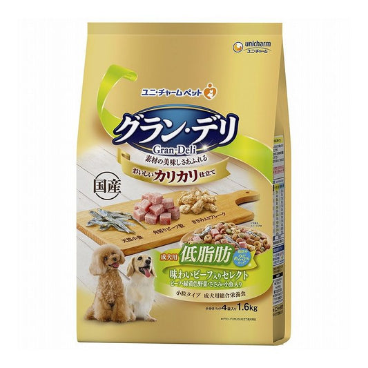 【2個セット】 ユニチャーム グラン・デリ カリカリ仕立て 成犬用 低脂肪 味わいビーフ入りセレクト~脂肪分約25%カット~ 1.6kg