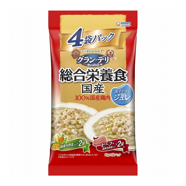 【12個セット】 ユニチャーム グラン・デリ 総合栄養食国産パウチ ジュレ成犬用緑黄色野菜入り×ビーフ入り 65g×4袋