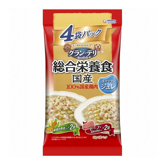 【12個セット】 ユニチャーム グラン・デリ 総合栄養食国産パウチ ジュレ成犬用緑黄色野菜入り×ビーフ入り 65g×4袋