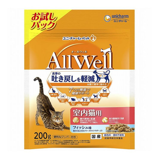 【18個セット】 ユニチャーム AllWell 室内猫用 フィッシュ味挽き小魚とささみフリーズドライパウダー入り お試しパック200g