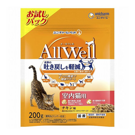 【12個セット】 ユニチャーム AllWell 室内猫用 チキン味挽き小魚とささみフリーズドライパウダー入り お試しパック200g